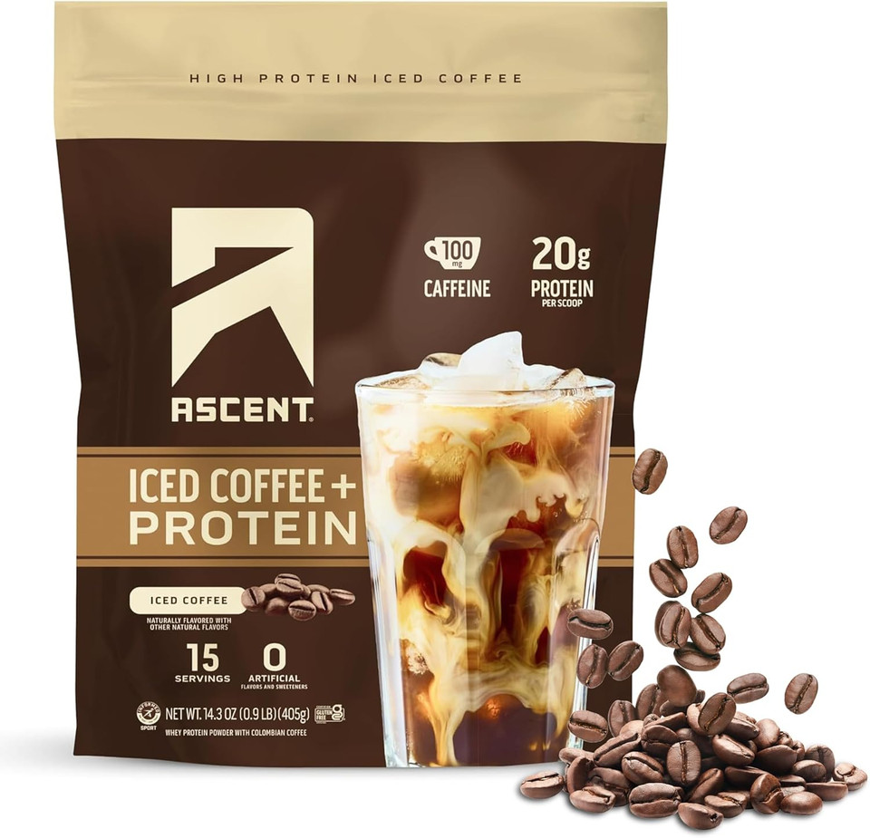 Ascent Caramel Iced Coffee Protein Powder - High Protein Powder, 20 G Protein & 100 Mg Caffeine From Premium Colombian Coffee, Zero Artificial Flavors & Sweeteners - 15 Servings