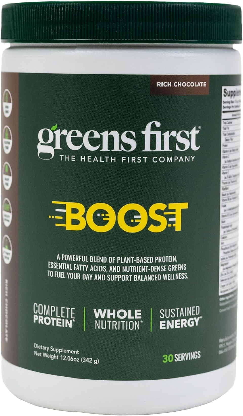 Greens First Boost - Plant-Based Protein & Balanced Nutrition - Superfood Shake Mix - No Wheat Or Soy - Dairy-Free - Vegan - Dutch Chocolate, 12.28 Oz