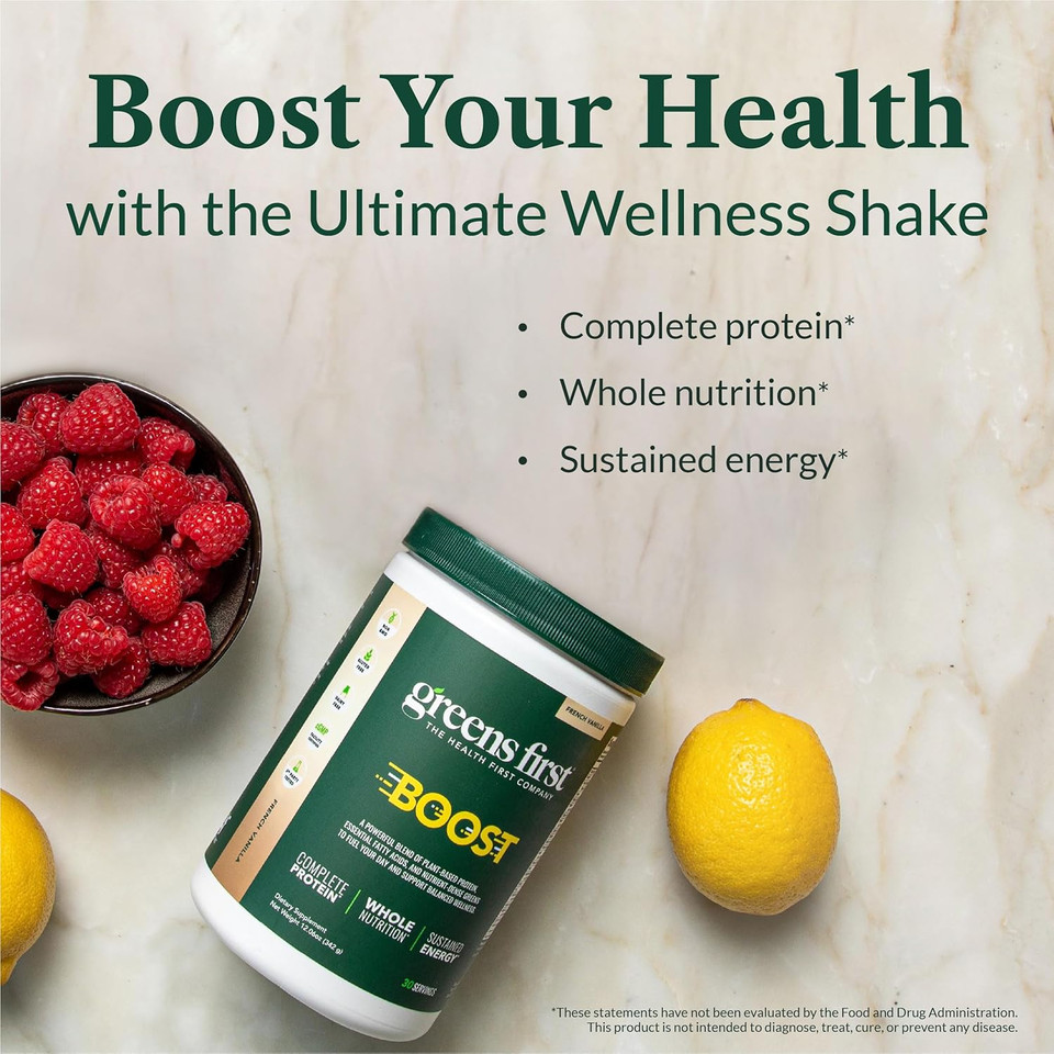 Greens First Boost - Plant-Based Protein & Balanced Nutrition - Superfood Shake Mix - No Wheat Or Soy - Dairy-Free - Vegan - Dutch Chocolate, 12.28 Oz