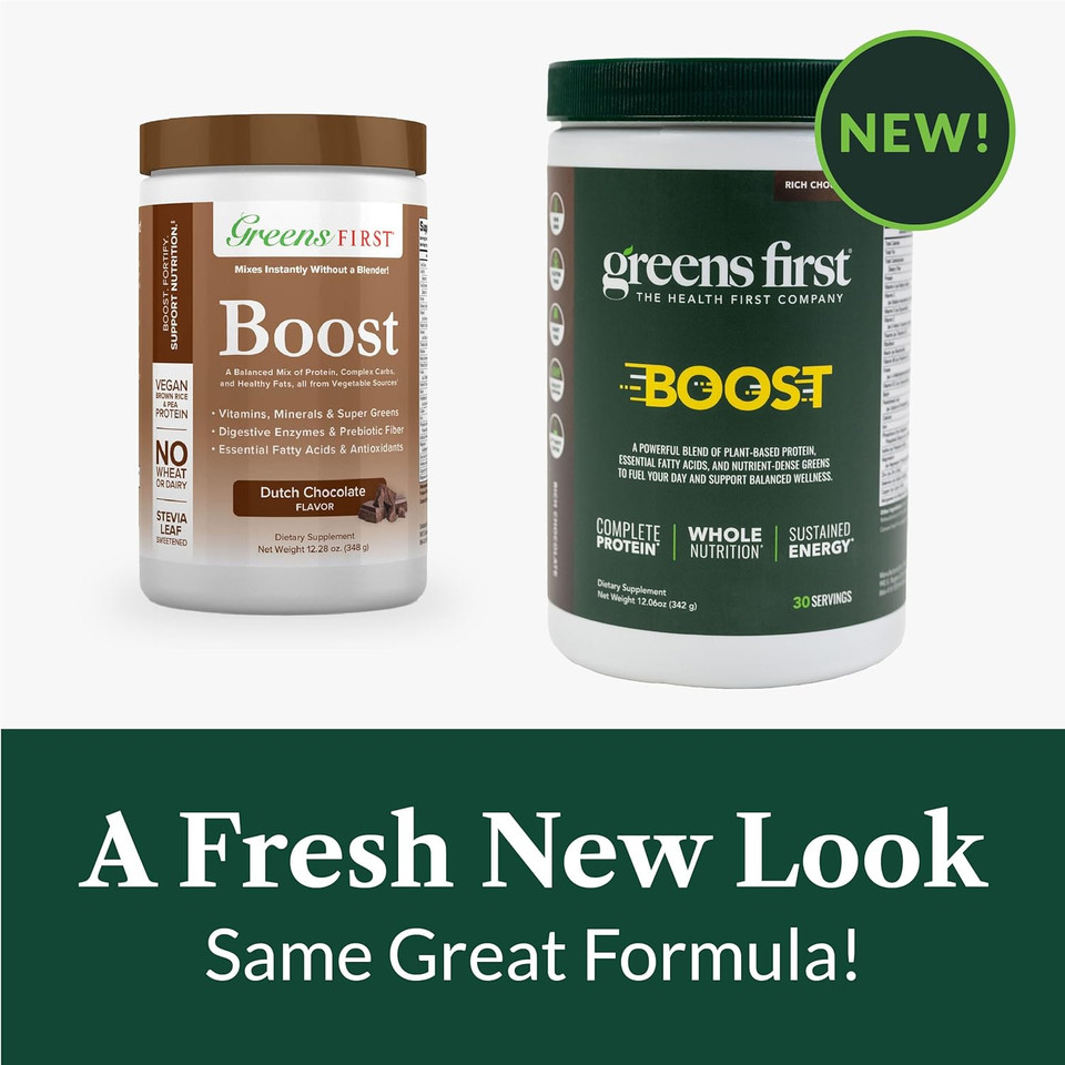 Greens First Boost - Plant-Based Protein & Balanced Nutrition - Superfood Shake Mix - No Wheat Or Soy - Dairy-Free - Vegan - Dutch Chocolate, 12.28 Oz