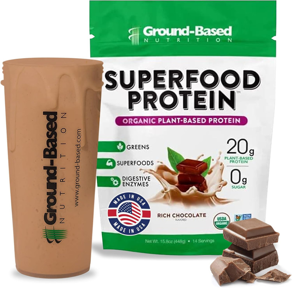 Ground-Based Nutrition Plant-Based Protein Superfood + Essential Greens Powder  Keto, Paleo, Low Calorie Organic Vegan Protein Powder, Non-Gmo, Gluten Free - 14 Servings,Chocolate