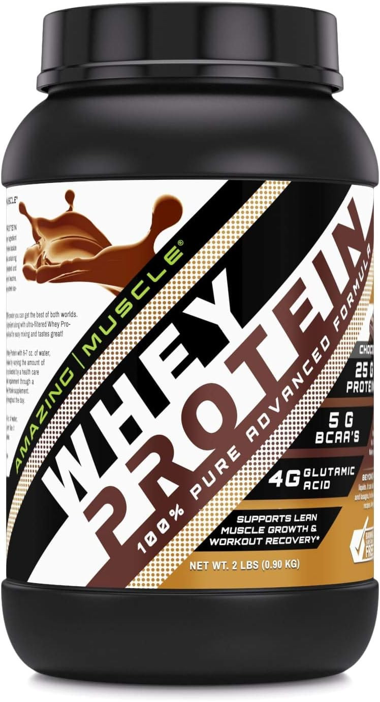 Amazing Muscle 100% Whey Protein Powder *Advanced Formula With Whey Protein Isolate As A Primary Ingredient Along With Ultra Filtered Whey Protein Concentrate (Chocolate, 2 Lb)