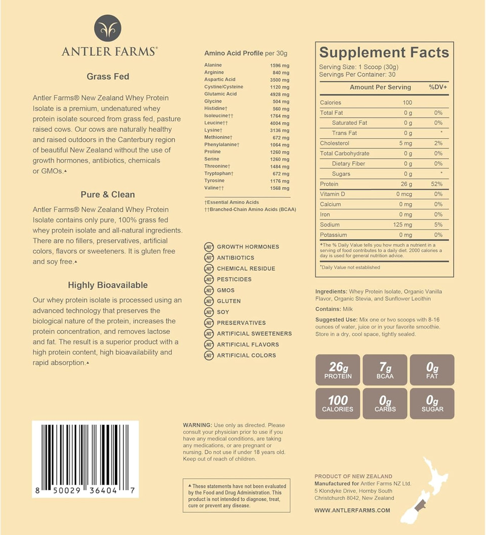 Antler Farms - 100% Grass Fed New Zealand Whey Protein Isolate, Vanilla Flavor, 2 Lbs - Pure And Clean, 4 Ingredients, Delicious, Cold Processed