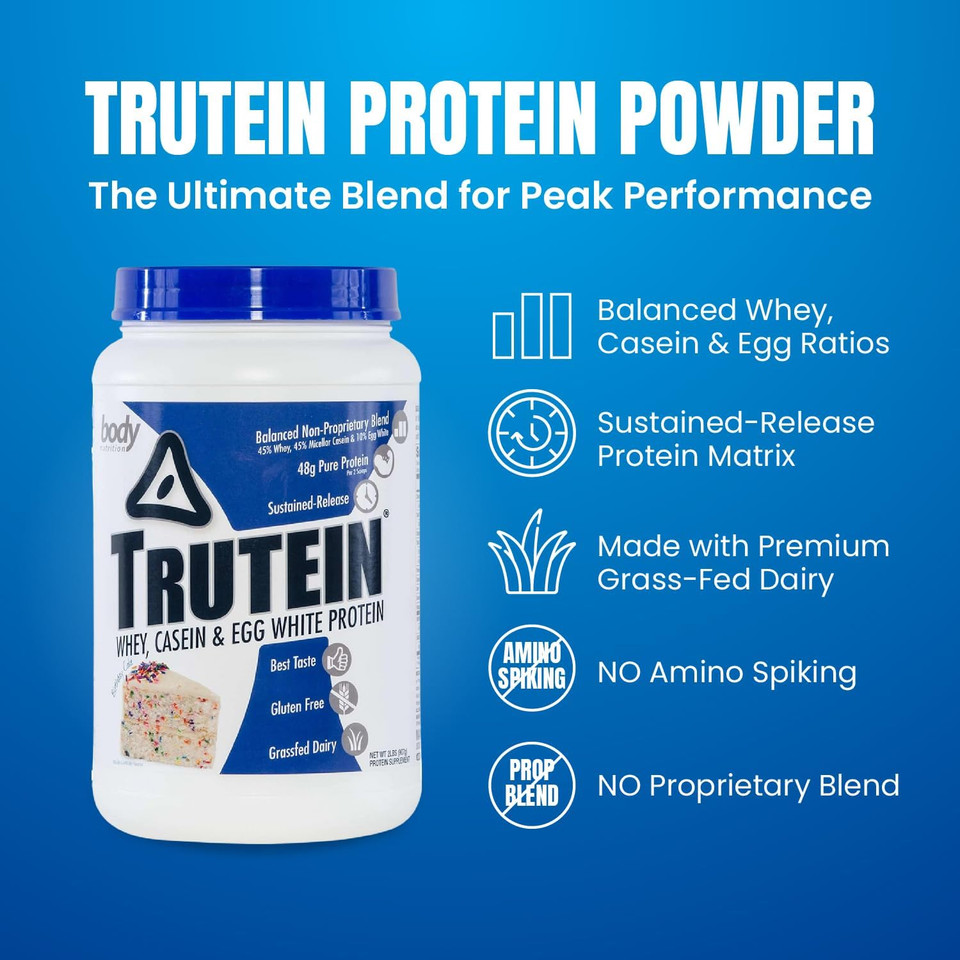 Body Nutrition Trutein High Protein Powder: 45% Whey, 45% Casein, 10% Egg White Protein Shake Mix, Gluten-Free, Low Sodium, Low Carb Protein Supplement Powder For Men & Women, Birthday Cake, 2Lb