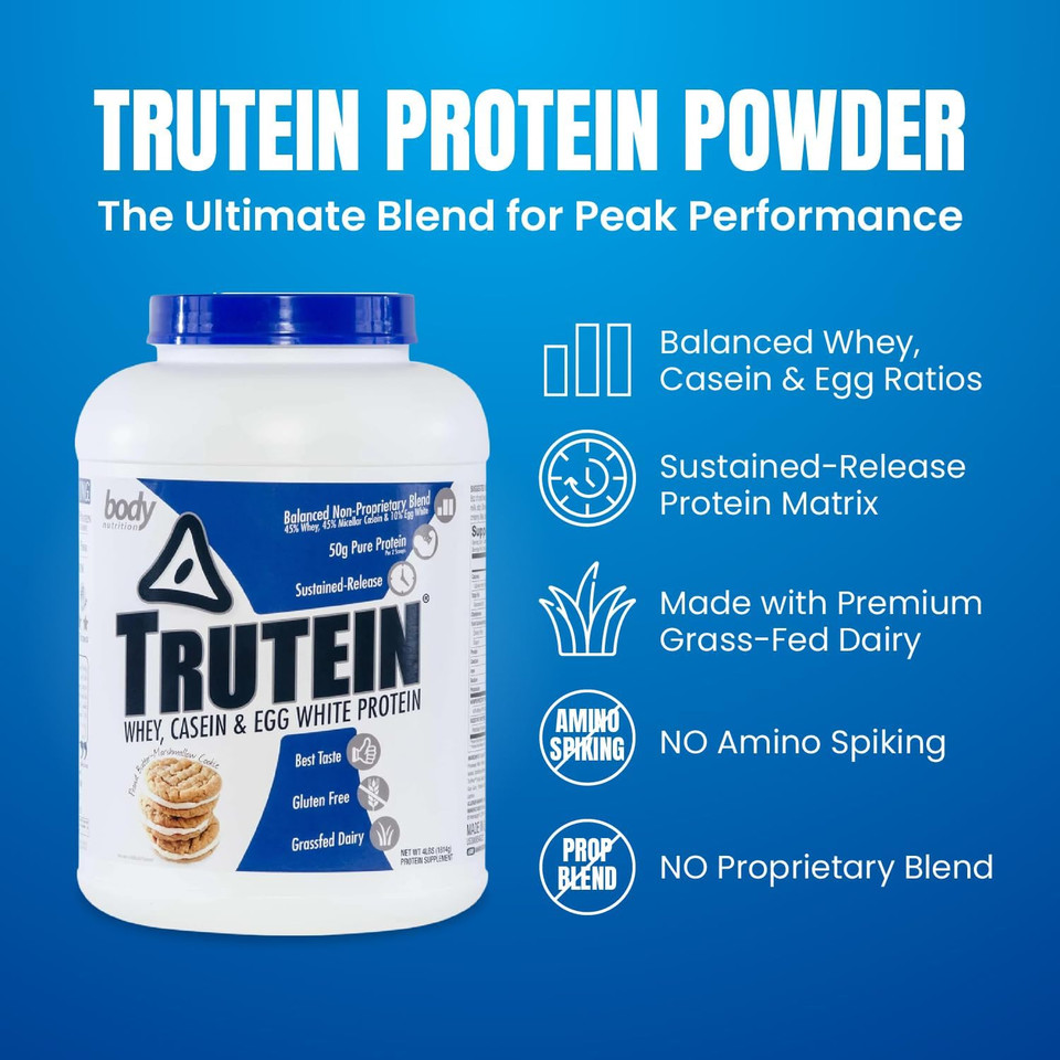 Body Nutrition Trutein High Protein Powder: 45% Whey, 45% Casein, 10% Egg White, Gluten-Free, Low Sodium, Grass Fed Whey Protein Powder, Gym Supplement & Breakfast Shake, Chocolate Peanut Butter, 2Lb