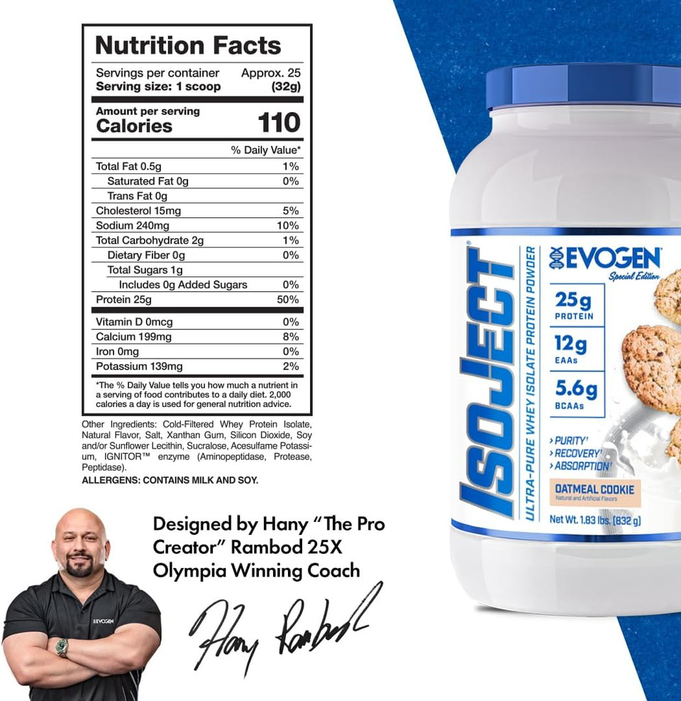 Evogen Isoject - Whey Protein Isolate | Ultra-Pure Whey Protein Powder With Ignitor Enzymes, Bcaas, And Eaas | Enhanced Absorption & Recovery | Oatmeal Cookie | 25 Servings