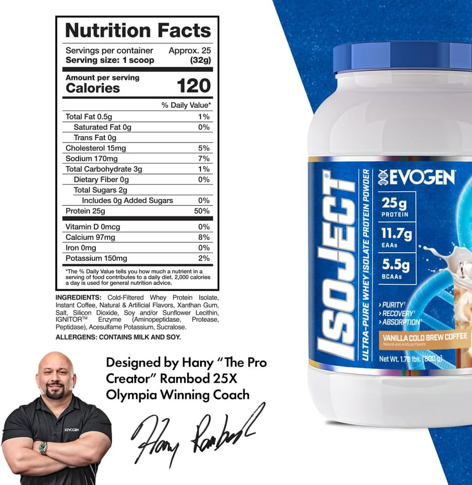 Evogen Isoject - Whey Protein Isolate | Ultra-Pure Whey Protein Powder With Ignitor Enzymes, Bcaas, And Eaas | Enhanced Absorption & Recovery | Vanilla Cold Brew Coffee | 25 Servings