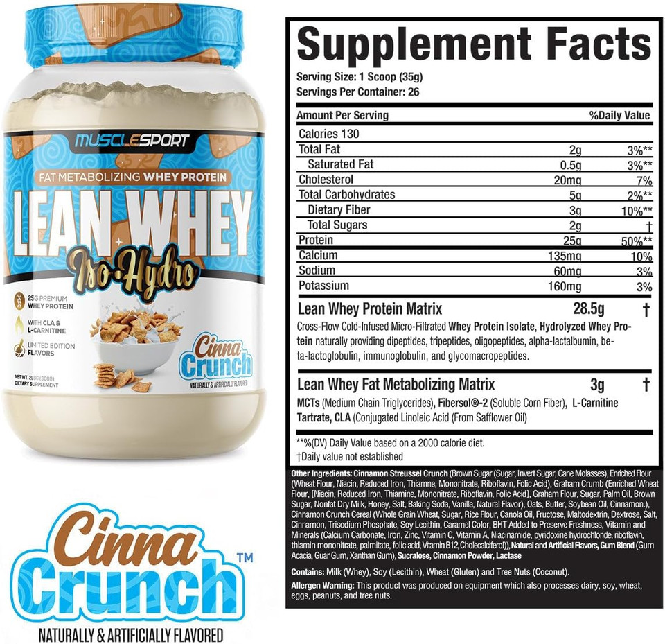 Musclesport Lean Whey Revolution Protein Powder - Whey Protein Isolate - Low Calorie, Low Carb, Low Fat, Incredible Flavors - 25G Protein Per Scoop - 2Lb Cinna Crunch