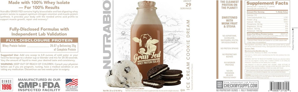 Nutrabio Grass Fed Whey Isolate Protein Powder - 25G Of Protein Per Scoop - Sugar Free Natural Lean Muscle Protein Supplement - Ice Cream Cookie Dream - 2 Pounds, 29 Servings