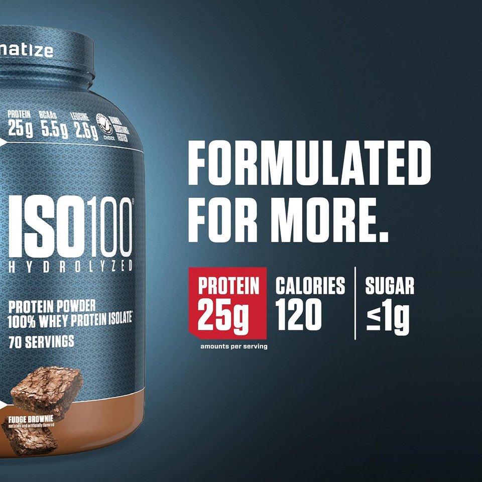 Dymatize Iso100 Whey Protein Powder Isolate, Fudge Brownie, 25G Of Protein, 5 Pound, 5.5G Bcaas, Less Than 120 Cal., Gluten Free, 1G Fat, 1G Sugar, 2G Carb (70 Servings)