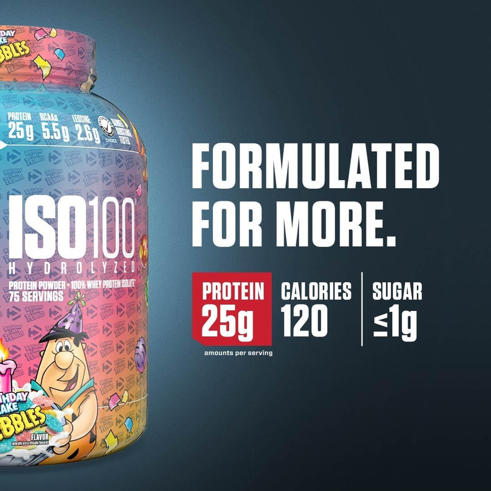 Dymatize Iso100 Whey Protein Powder Isolate, Birthday Cake, 25G Of Protein, 5 Pound, 5.5G Bcaas, Less Than 120 Cal., Gluten Free, 1G Fat, 1G Sugar, 2G Carb (75 Servings)