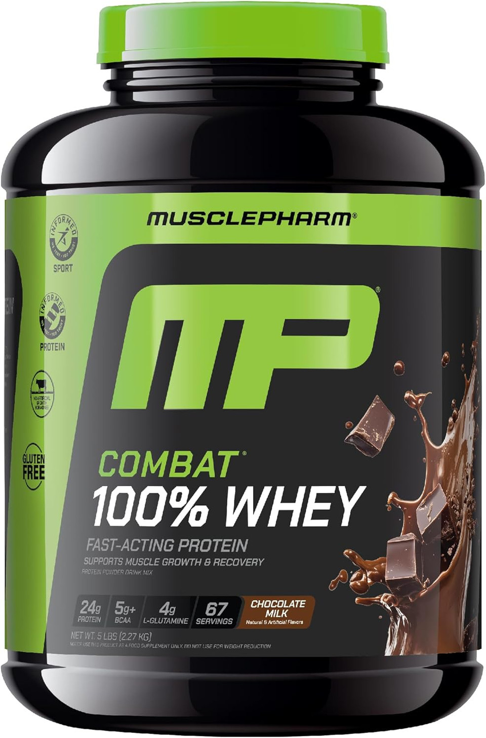 Musclepharm Combat 100% Whey Protein Powder, Cappuccino Flavor, Fast Recovery & Muscle Gain With Whey Protein Isolate, High Protein Powder For Women & Men, Gluten Free, 5 Lb, 70 Servings