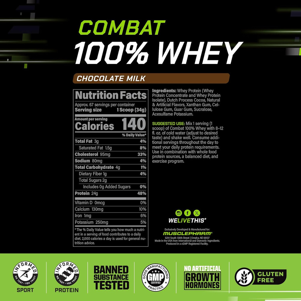 Musclepharm Combat 100% Whey Protein Powder, Cappuccino Flavor, Fast Recovery & Muscle Gain With Whey Protein Isolate, High Protein Powder For Women & Men, Gluten Free, 5 Lb, 70 Servings