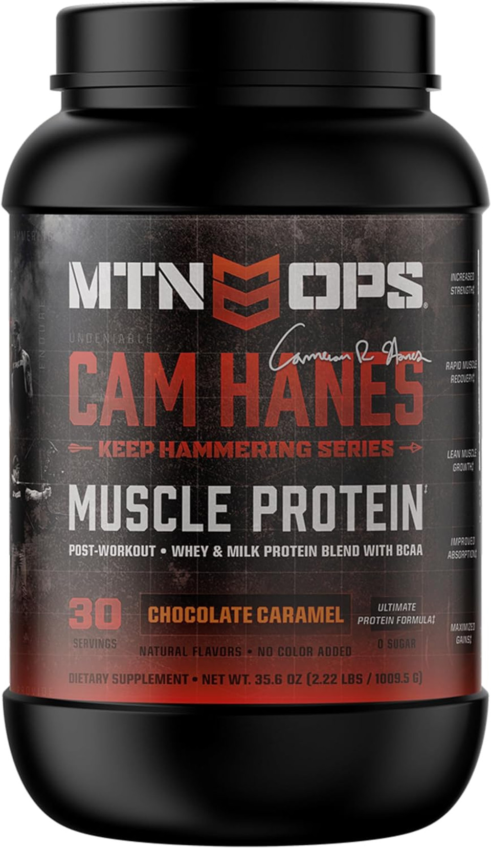 Mtn Ops Cameron Hanes Keep Hammering Whey Protein Powder, Chocolate Caramel Flavor, 30 Servings