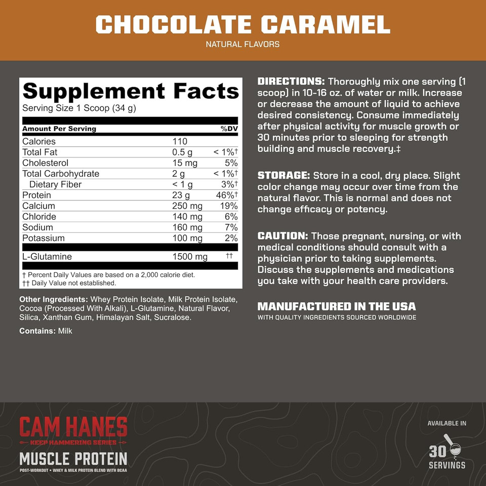 Mtn Ops Cameron Hanes Keep Hammering Whey Protein Powder, Chocolate Caramel Flavor, 30 Servings