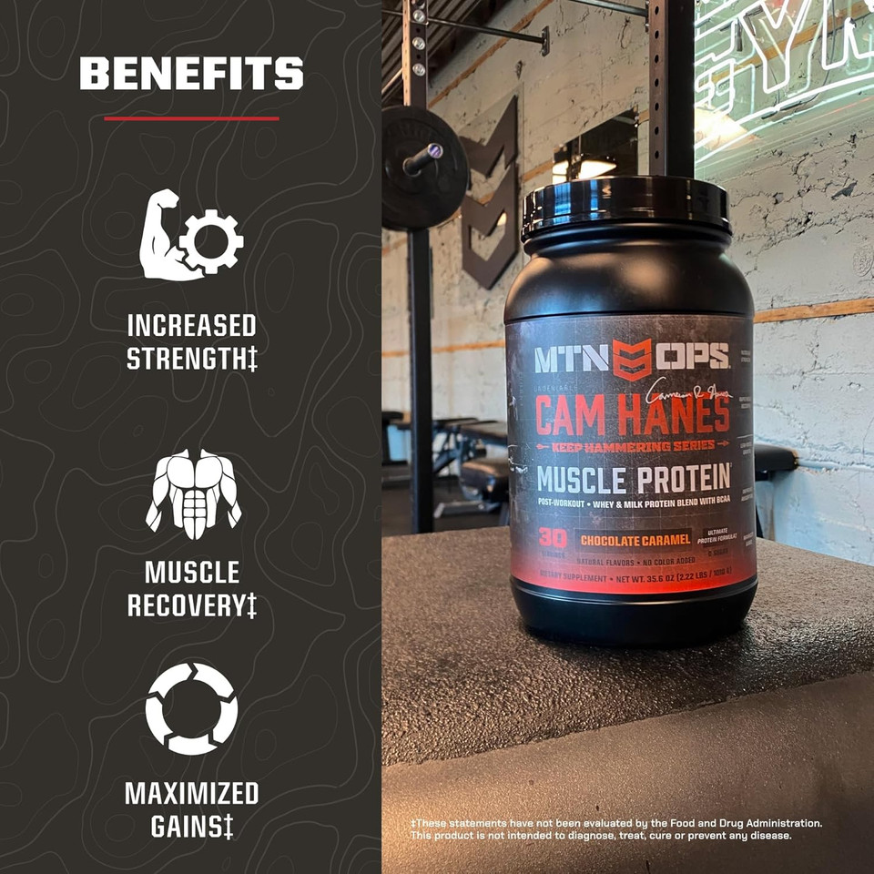 Mtn Ops Cameron Hanes Keep Hammering Whey Protein Powder, Chocolate Caramel Flavor, 30 Servings