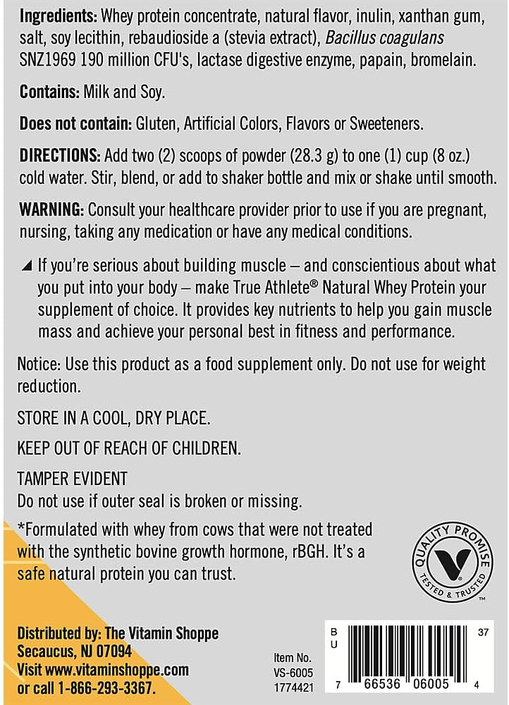 True Athlete Natural Whey Protein - Vanilla Flavor - 20G Of Protein Per Serving With Added Probiotics For Digestive Health 2.5 Pound Powder For Muscle Recovery And Optimal Performance