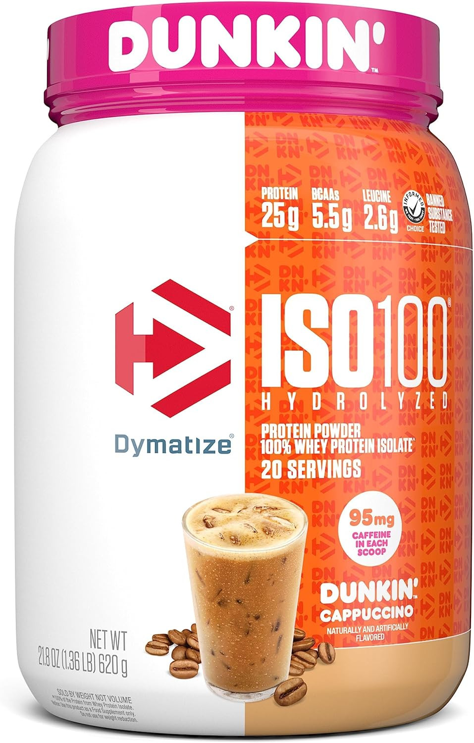 Dymatize X Dunkin' Cappuccino Iso100 Whey Protein Powder, 95Mg Caffeine, 25G Of Protein, 20 Servings, 5.5G Bcaas, 120 Cal., Gluten Free, 1G Fat, 1G Sugar, 2G Carb