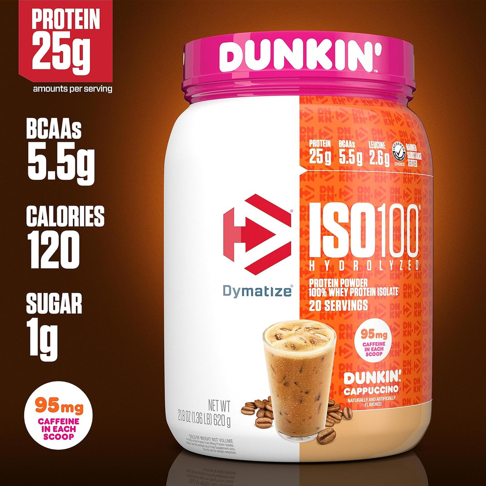 Dymatize X Dunkin' Cappuccino Iso100 Whey Protein Powder, 95Mg Caffeine, 25G Of Protein, 20 Servings, 5.5G Bcaas, 120 Cal., Gluten Free, 1G Fat, 1G Sugar, 2G Carb