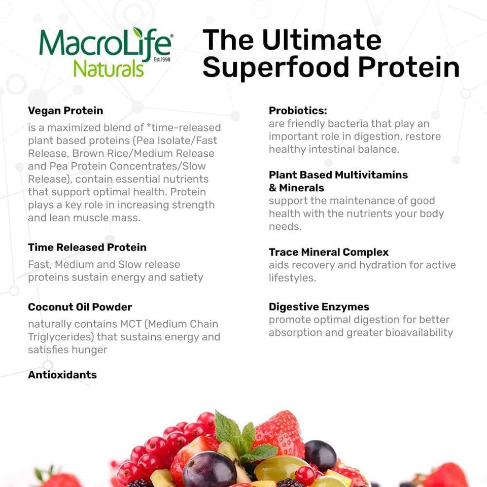 Macrolife Naturals Macromeal Vegan Protein Powder Superfood Greens Probiotics + Fiber, Immune Energy Digestive Daily Essentials For Women & Men Gluten-Free - (15 Servings) (15 Servings, Vanilla)