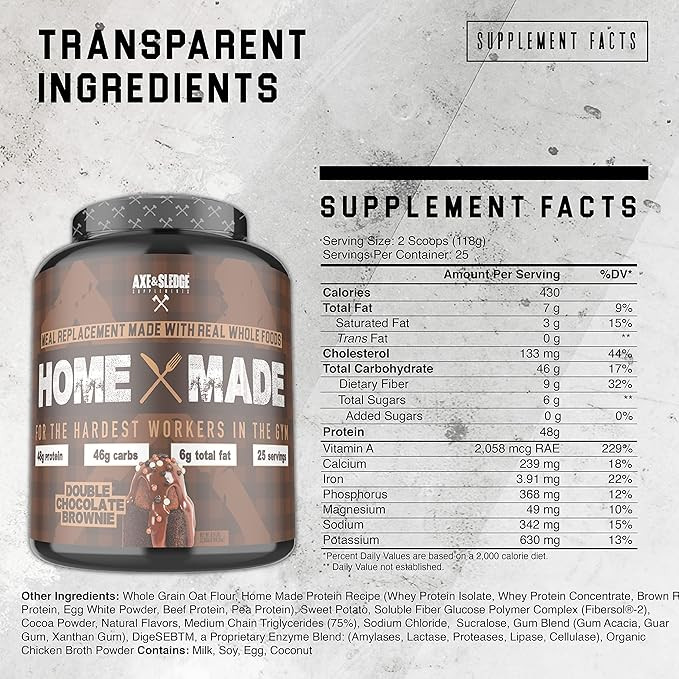 Axe & Sledge Supplements Home Made Whole-Foods-Based Meal Replacement Powder With Digestive Enzymes, Protein, Carbohydrates, And Fats, 25 Servings, Chocolate Brownie