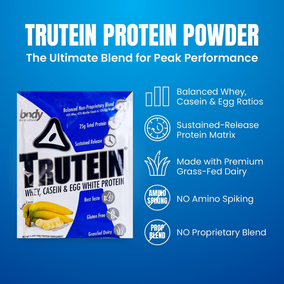 Body Nutrition Trutein High Protein Powder: 45% Whey, 45% Casein, 10% Egg White, Gluten-Free, Low Sodium, Grass Fed Whey Protein Powder, Gym Supplement & Breakfast Shake, Banana Cream, 34G Sample