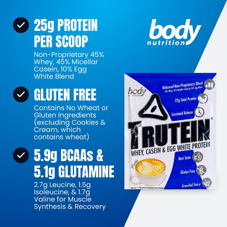 Body Nutrition Trutein High Protein Powder: 45% Whey, 45% Casein, 10% Egg White, Gluten-Free, Low Sodium, Grass Fed Whey Protein Powder, Gym Supplement & Breakfast Shake, Mocha, 34G Sample