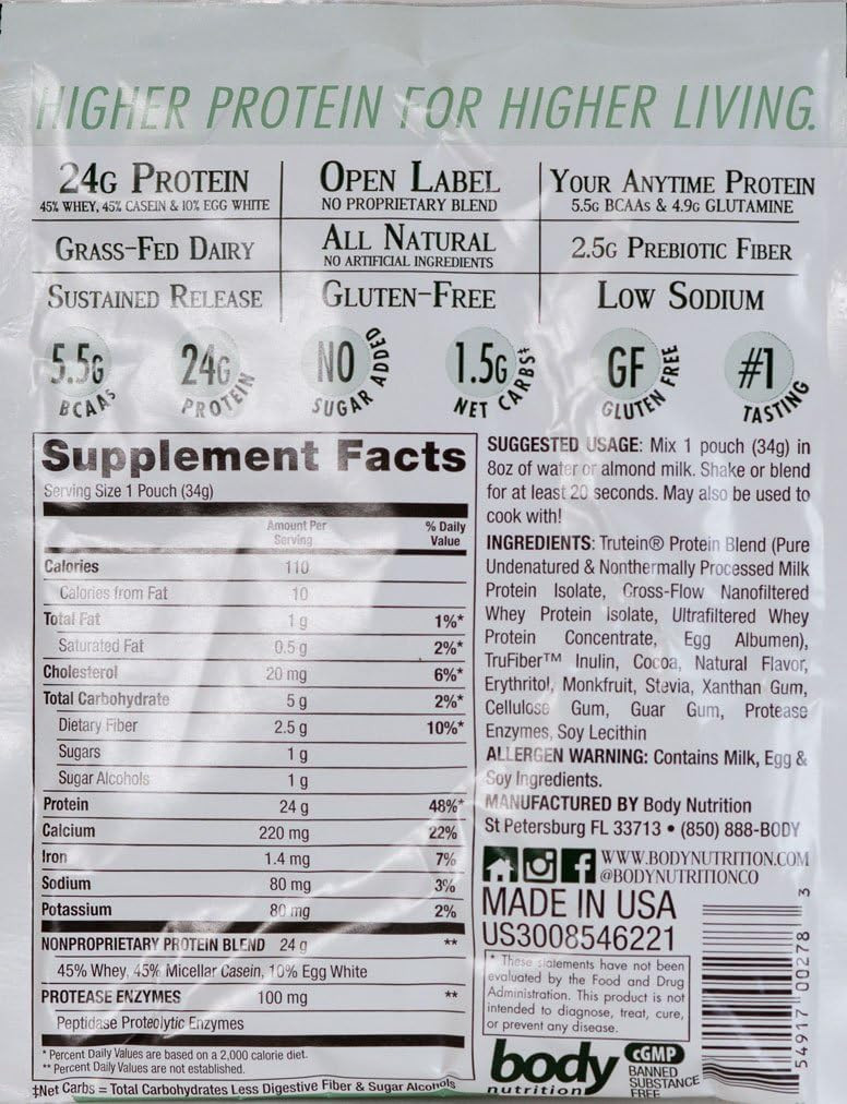 Body Nutrition Trutein Naturals Dark Chocolate Protein Blend Sample 34G All Natural Grass Fed Protein Shakes/Shake, Meal Replacement Drink Mix, Post Workout Recovery Shake Powder, Breakfast Shake