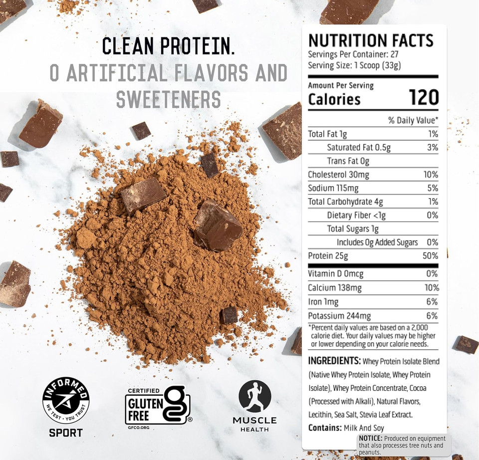 Ascent 100% Whey Protein Powder - Post Workout Whey Protein Isolate, Zero Artificial Flavors & Sweeteners, Soy & Gluten Free, 5.5G Bcaa, 2.6G Leucine, Essential Amino Acids, Chocolate 4 Lb