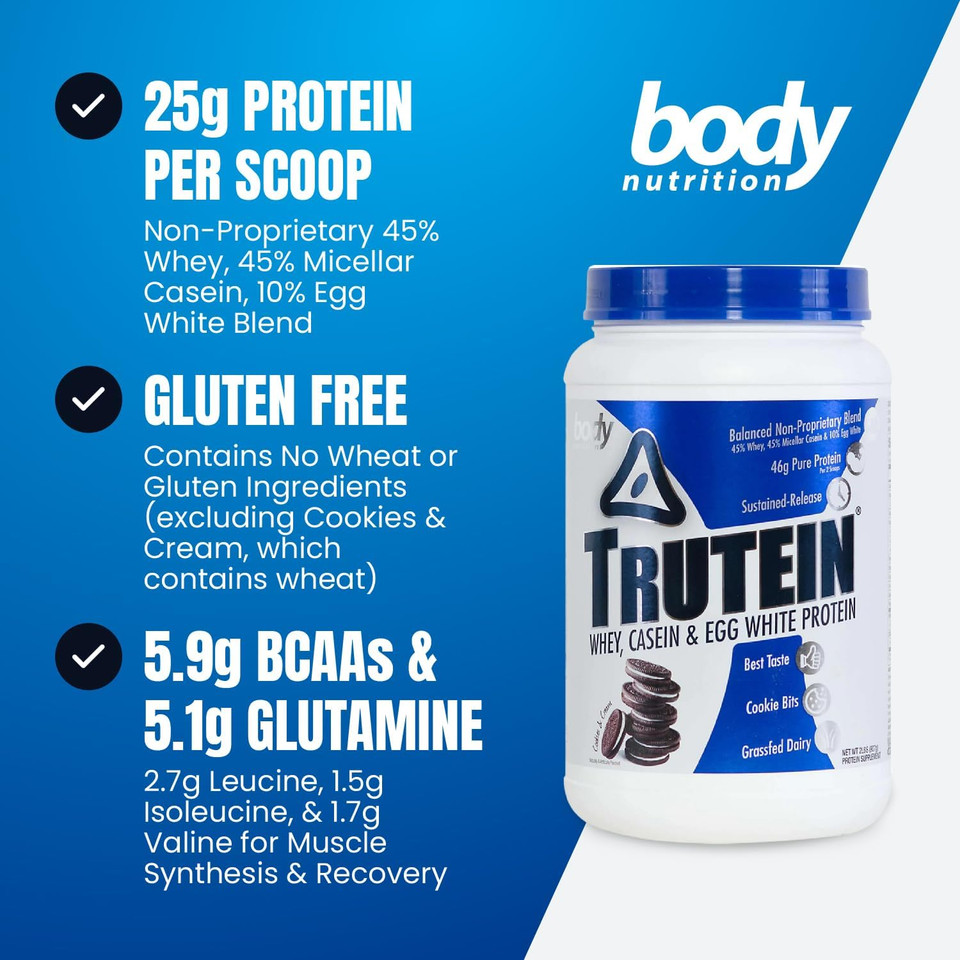 Body Nutrition Trutein High Protein Powder: 45% Whey, 45% Casein, 10% Egg White Protein Shake Mix, Gluten-Free, Low Sodium, Low Carb Protein Supplement For Men & Women, Chocolate Peanut Butter, 4Lb