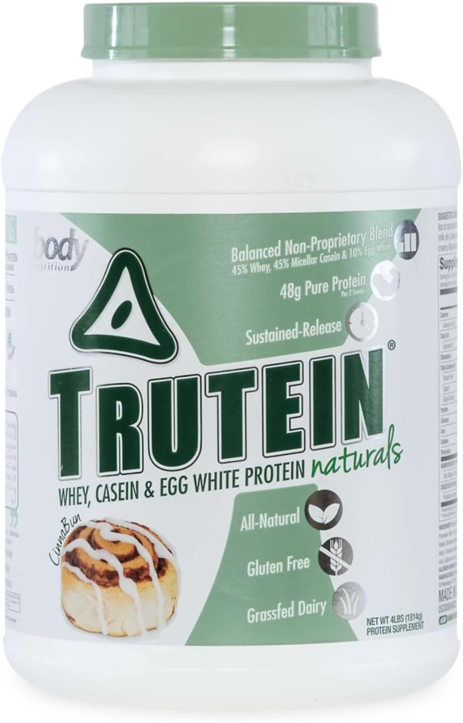 Body Nutrition Trutein Naturals, Whey, Casein & Egg White Protein Powder Without Artificial Sweeteners, Gluten-Free Keto Protein Powder, Post-Workout Meal Replacement Shake, Cinnabun, 4 Lb
