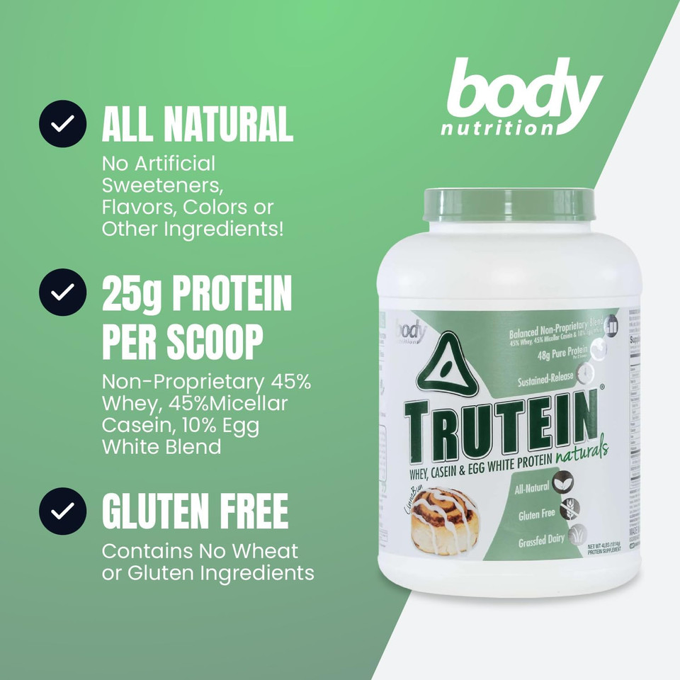 Body Nutrition Trutein Naturals, Whey, Casein & Egg White Protein Powder Without Artificial Sweeteners, Gluten-Free Keto Protein Powder, Post-Workout Meal Replacement Shake, Cinnabun, 4 Lb