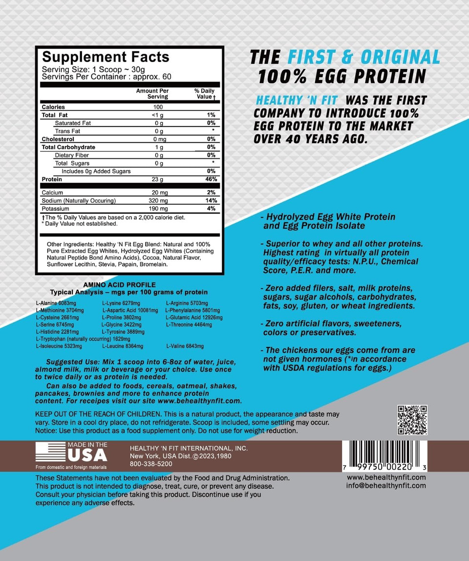 Healthy 'N Fit 100% Egg Protein- Chocolate (4Lb): 100% Egg White Protein. Zero Lactose, Zero Sugar.- Ultra Pure, Natural Egg Protein Isolate