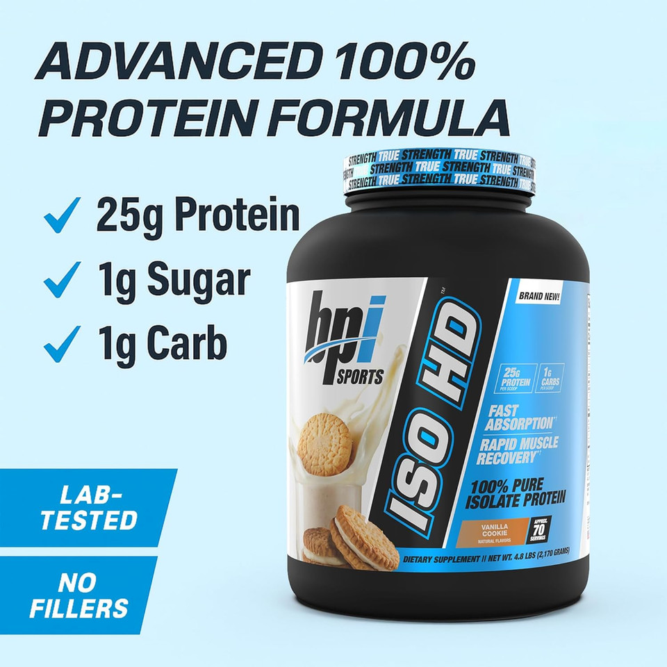Bpi Sports Iso Hd Isolate Protein Powder  100% Whey Isolate, Protein Powder For Muscle Gain - Vanilla Cookie, 4.8 Lbs - 70 Servings