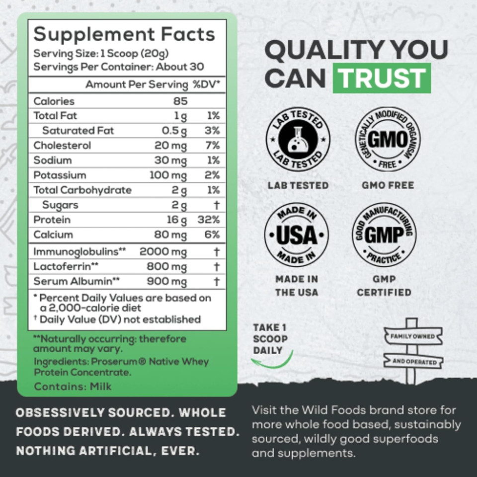 Wild Whey Grass-Fed Protein, Nondenatured Low Carb Cold Process, Gmo-Free, Gluten-Free, Rbgh-Free, Keto, Made In U.S.A, 112 Servings, 1792G Protein, Natural 5 Lb