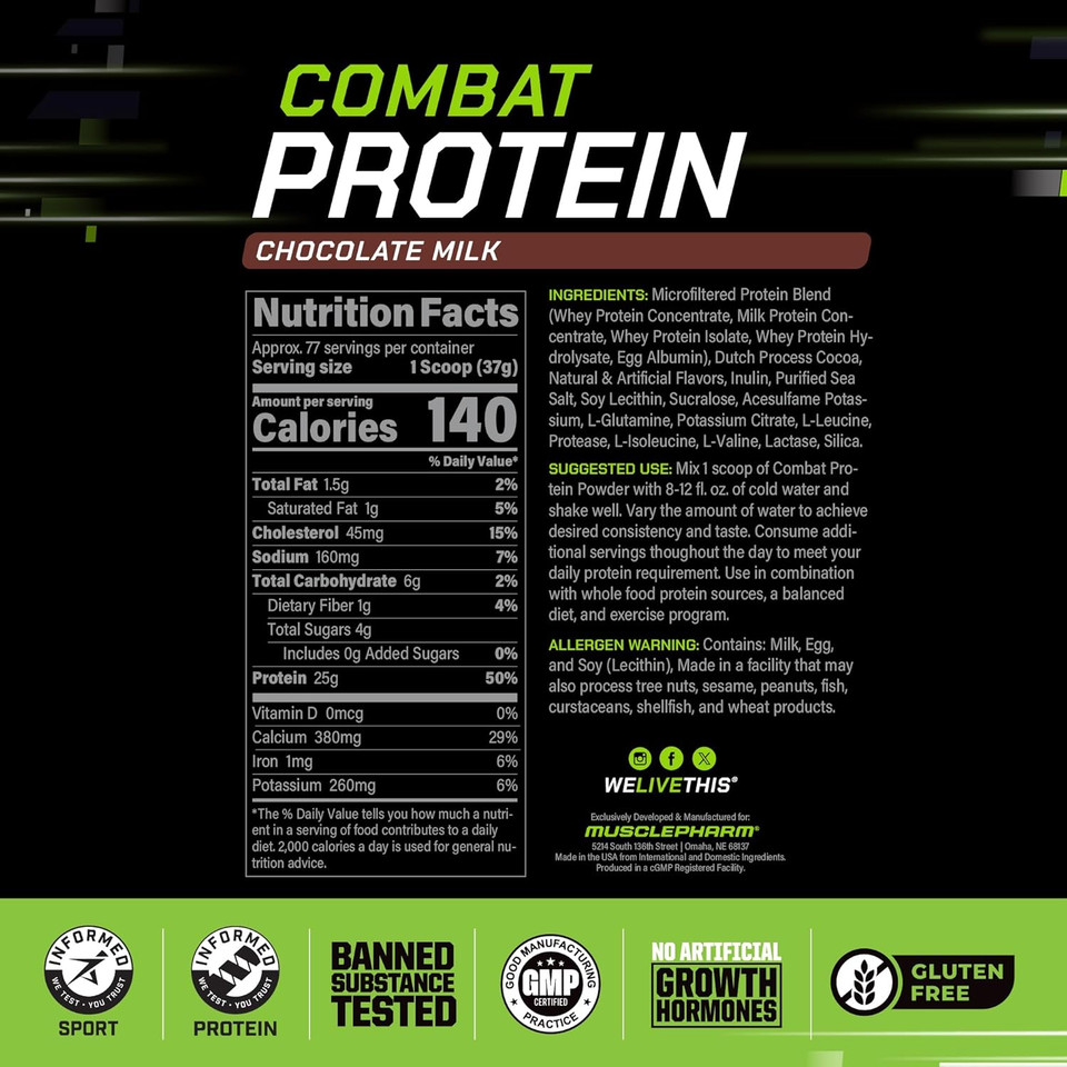 Musclepharm Combat Protein Powder, Chocolate Milk Flavor, Fuels Muscles For Productive Workouts, 5 Protein Sources Including Whey Protein Isolate & Egg Albumin, Gluten Free, 6.2 Lb, 77 Servings