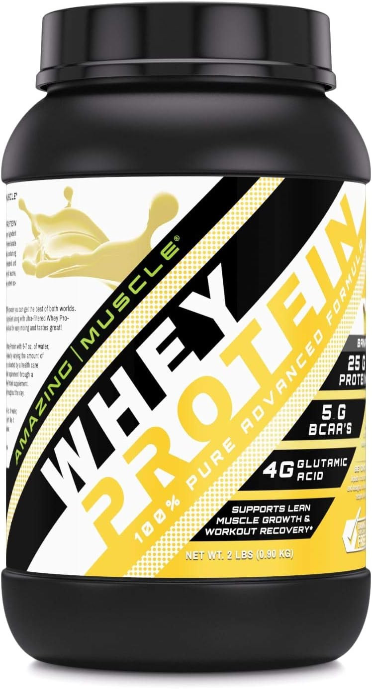 Amazing Muscle 100% Whey Protein Powder *Advanced Formula With Whey Protein Isolate Along With Ultra Filtered Whey Protein Concentrate (Banana, 2 Lb)