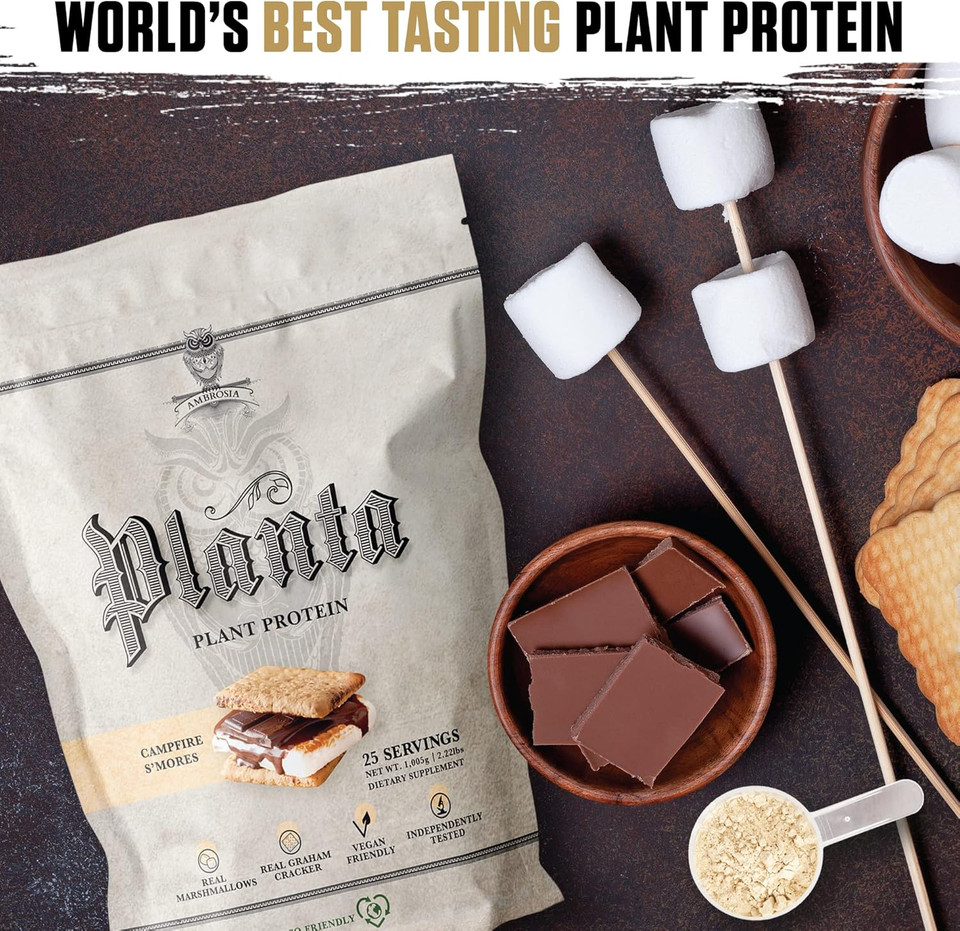 Ambrosia Planta - Premium Organic Plant-Based Protein | Vegan & Keto Friendly | Gourmet Flavors With No Bloating Or Stomach Upset | Gluten & Soy Free | No Added Sugar | 25 Servings | Campfire Smores