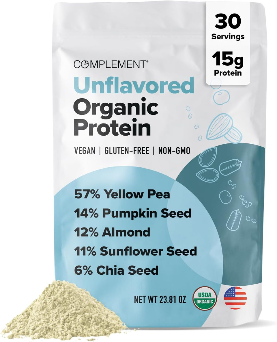 Complement Organic Unflavored Vegan Protein Powder (15 Servings) Low Carb, Low Calorie, Sugar Free, Soy Free, Non-Gmo, Gluten Free, Non Dairy- Yellow Pea, Pumpkin Seed- 15G Plant Based Protein Powder