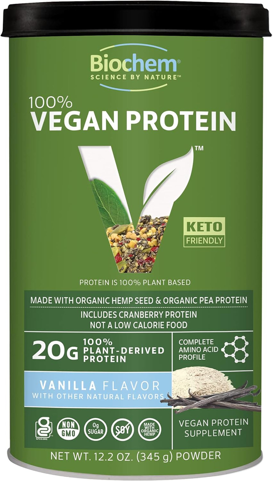 Biochem Vegan Protein Powder  20G Plant-Based Protein For Muscle Support  Organic Pea, Hemp & Cranberry Protein  Low Carb, Low Fat, Gluten-Free, Non-Gmo, Keto-Friendly  Vanilla Flavor  12.2 Oz