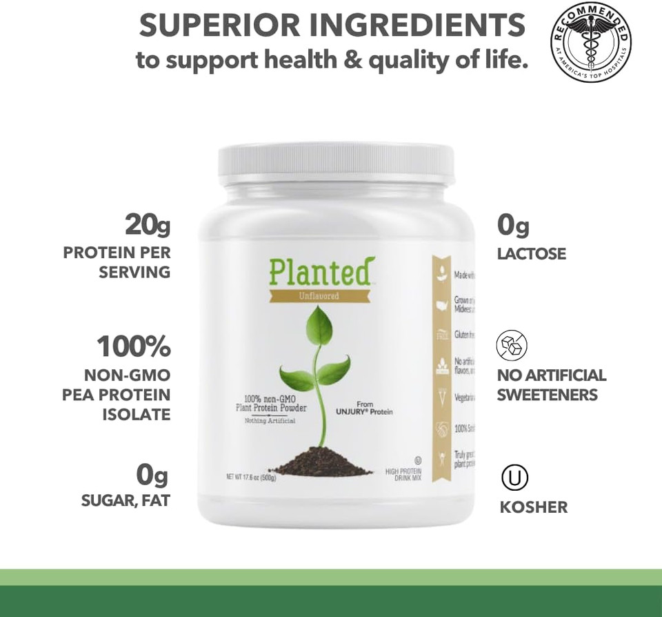 Planted Vegan Protein Powder | 20G Unflavored Pea Protein Powder | Low Sugar Plant Protein Powder | Gluten And Dairy Free Pea Protein Isolate | Non-Gmo | 20 Servings