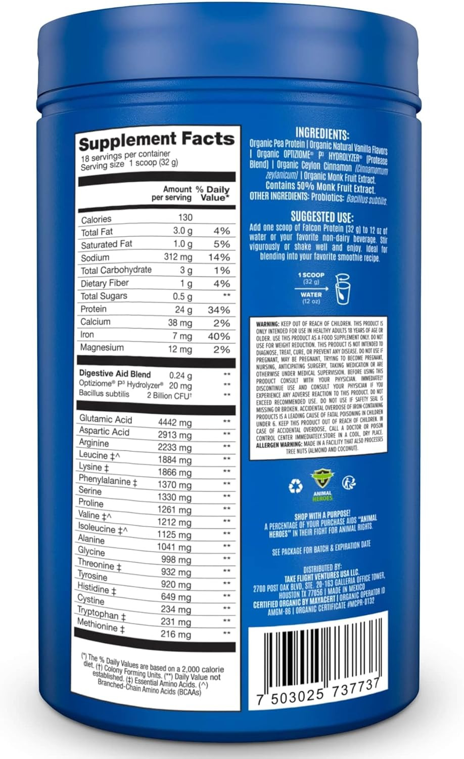 Falcon Vegan Protein Powder Organic, Stevia & Sugar Free, Plant Based Protein, Low Carb, Dairy Free, Keto, Non Whey Protein, Probiotic, Pea Protein | Chocolate Flavor - 60 Servings - 3.9Lb