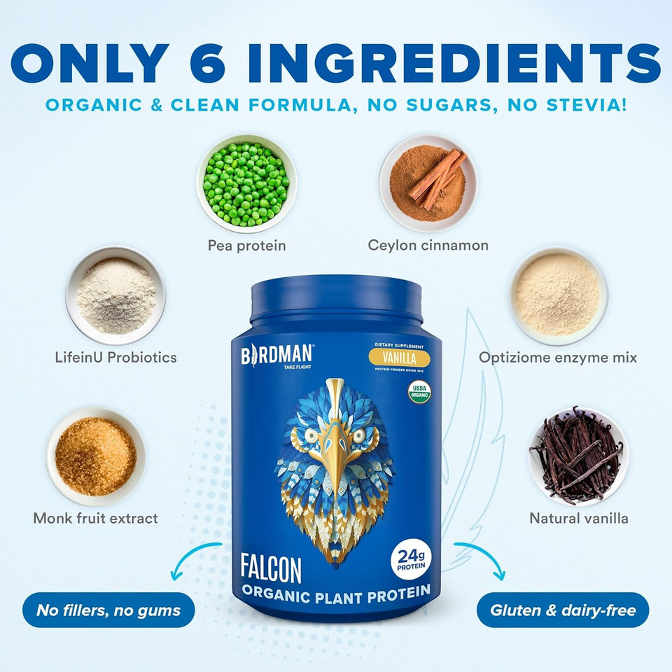 Falcon Vegan Protein Powder Organic, Stevia & Sugar Free, Plant Based Protein, Low Carb, Dairy Free, Keto, Non Whey Protein, Probiotic, Pea Protein | Vanilla Flavor - 37 Servings - 2.64Lb