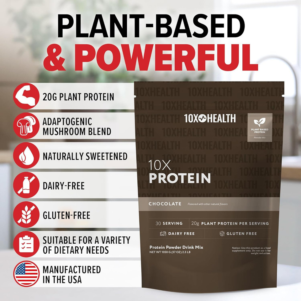 10X Health Vegan Protein Powder - 20G Per Serving Plant Based Protein Powder For Muscle Support, Strength & Nutrition - Dairy-Free & Gluten-Free - Chocolate 2.3 Lbs, 30 Servings