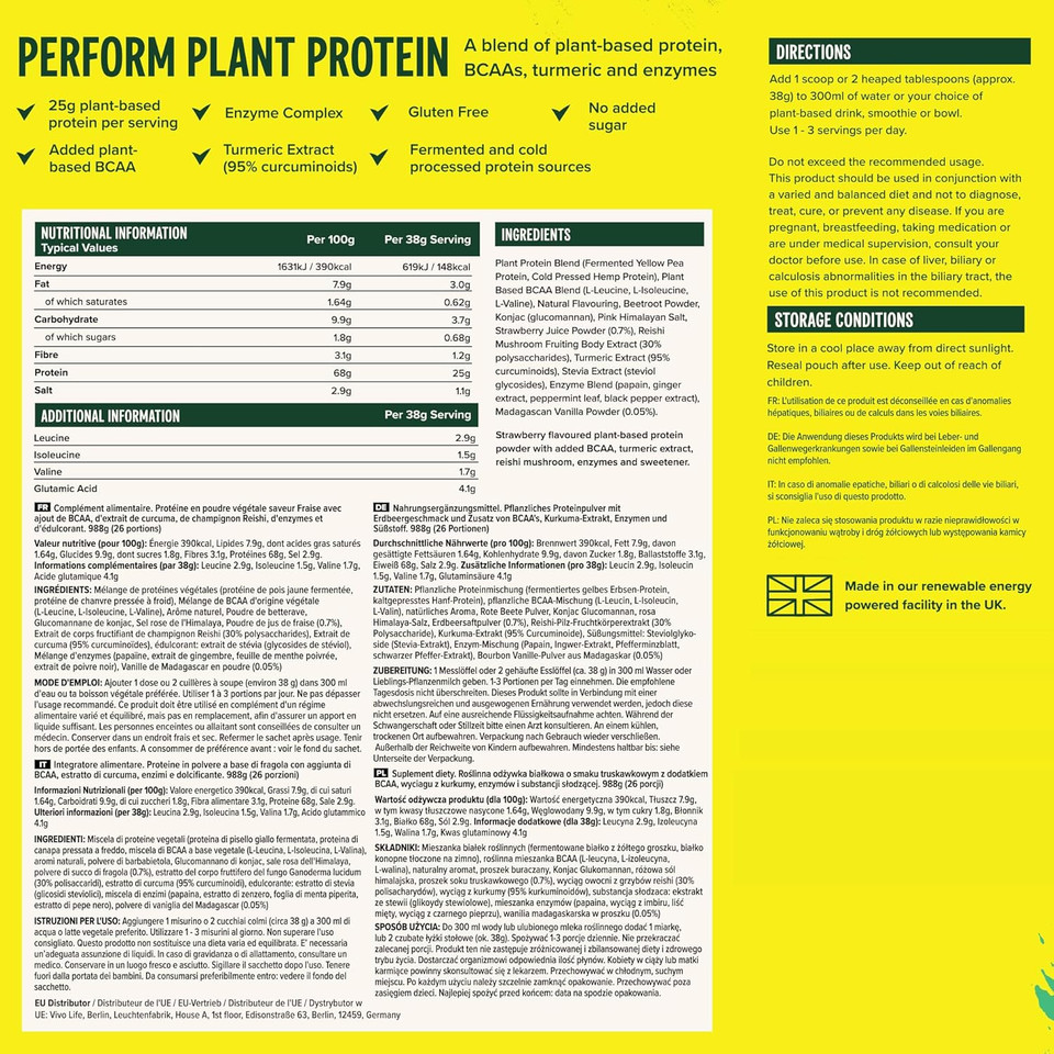 Vivo Life Perform Plant Protein Powder - Vegan Acai And Blueberry, 26 Servings - 988G (34.85Oz) - Pea & Hemp Protein Blend With Bcaa