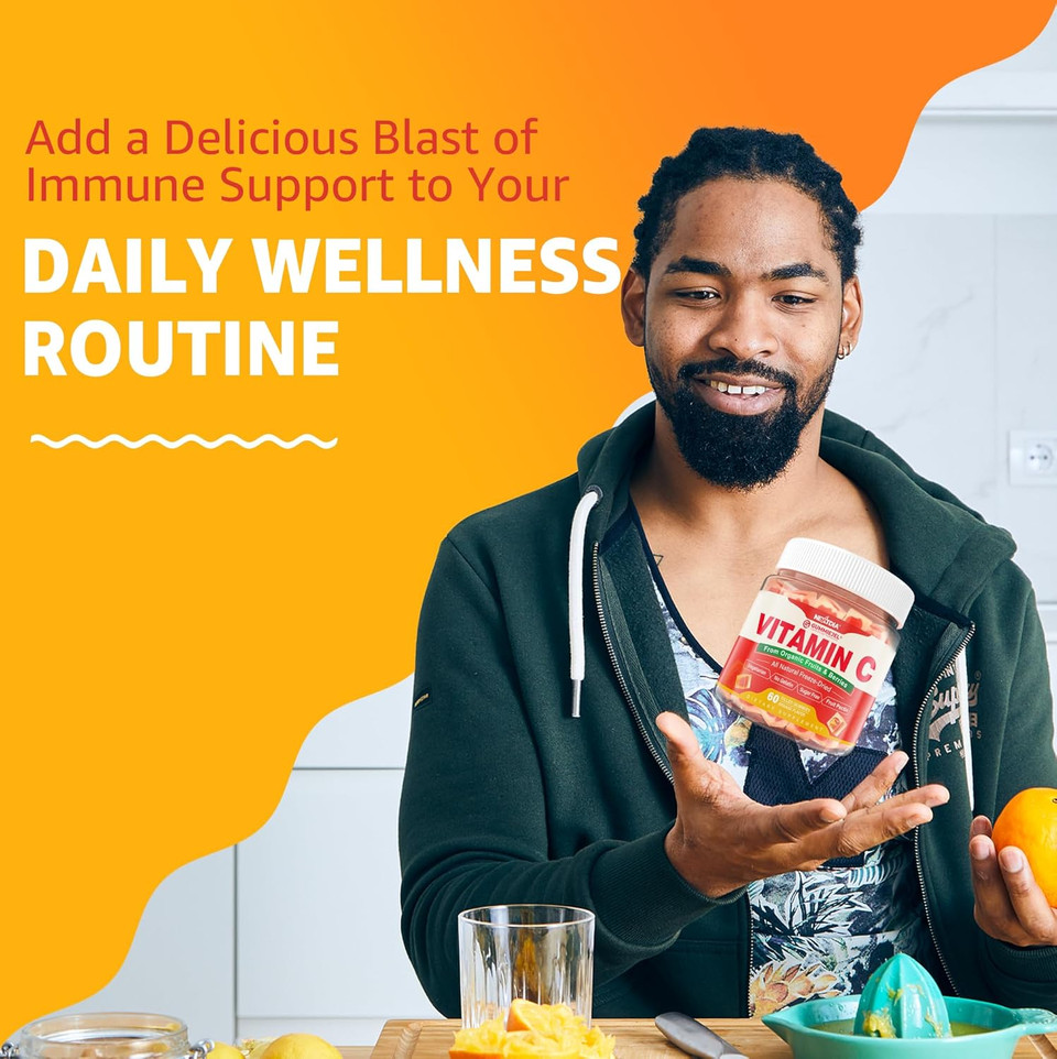 Organic Vitamin C Gummies 120Mg For Adults, Sugar Free, Daily Immune Defense, Raw Antioxidant, 100% Whole Food Chewable Vitamin C Supplement From 1200Mg Berries & Fruits For Collagen, Vegan, 60 Counts