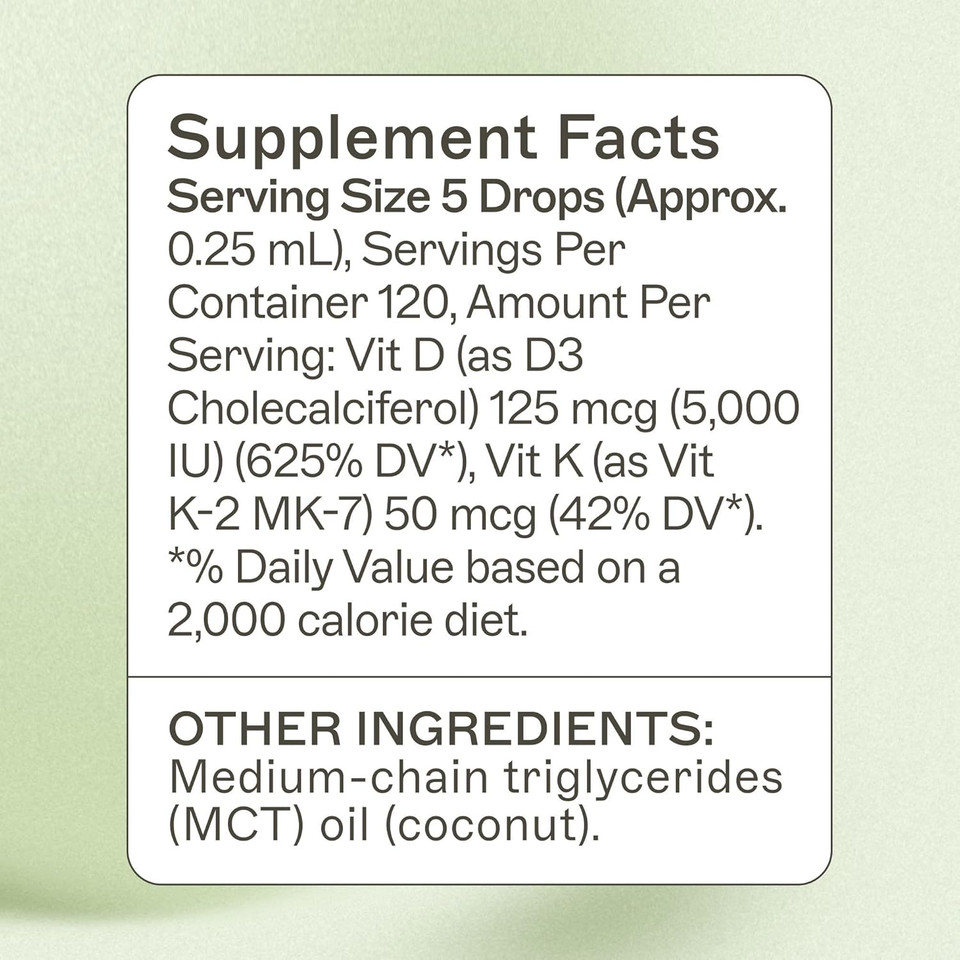 Amy Myers Md Vitamin D3 K2 Liquid Drops - 5 Drops Contain 5000 Iu Vit D3, 50 Mcg Vitamin K2 Mk-7 - Support Immune System Function, Energy Level, Healthy Bones - Non-Gmo, Tasteless, 1 Oz Liquid