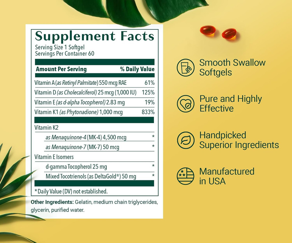 Algaecal 4-In-1 Vitamin D3 K2 Complete - Adk Vitamin Supplement, Enhanced Immune Support & Bone Health With D3 K2, A, & E - Whole Body Wellness & Bone Strength, 60 Easy-Swallow Softgels, Made In Usa