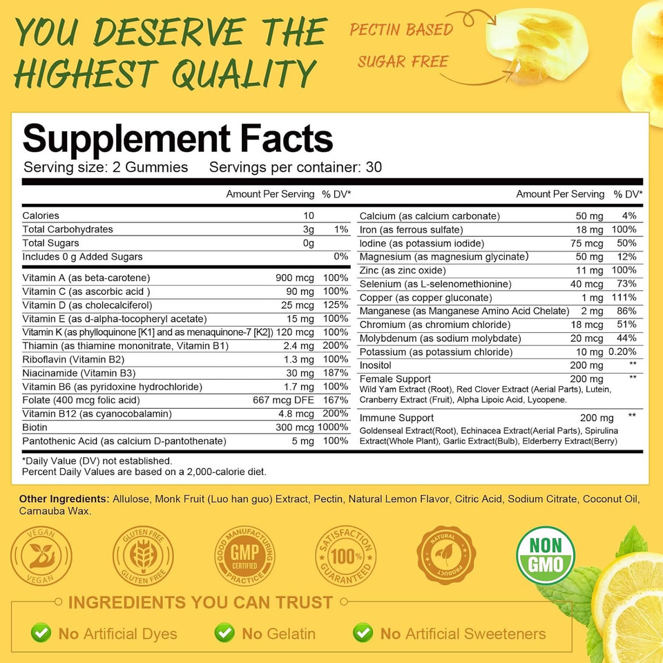 Sugar Free Multivitamin Gummies For Women 14+ W/Inositol, Iron, Folate, Biotin, Womens Daily Multivitamin Gummy W/Vitamin A, D, C, B, Support Hair, Skin, Energy, Immune, Strawberry Flavor