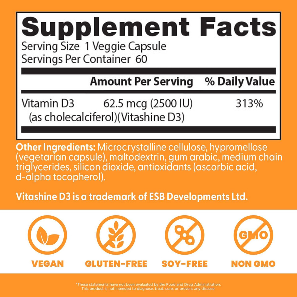 Doctors Best Vegan D3 2500 Iu (Vitashine), Plant Sourced Vitamin D3, Non-Gmo, Gluten Free, Soy Free, Vegan 60 Veggie Caps